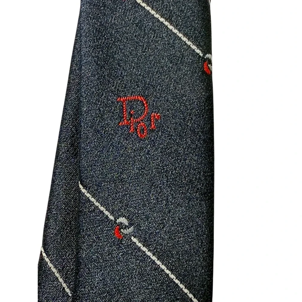 Vintage Christian Dior Mens Tie, Blue w/ White Line Stripes, Dior Logo Center